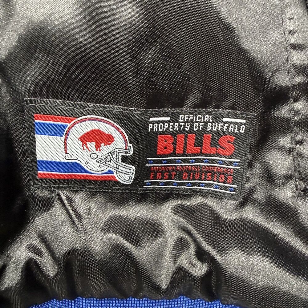 Buffalo Bills Satin Bomber Jacket Mens Small Blue Black Retro Varsity Snap Front - Picture 6 of 10